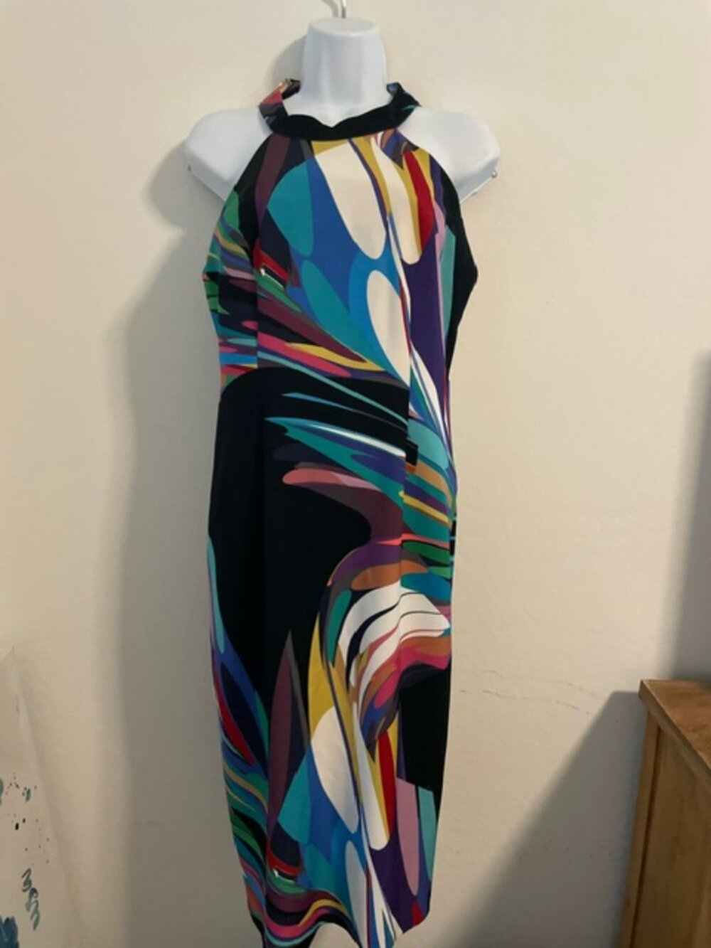 Trina Turk | Emotion Black Multicolor Mock Halter Neck Midi Dress Abstract | 8